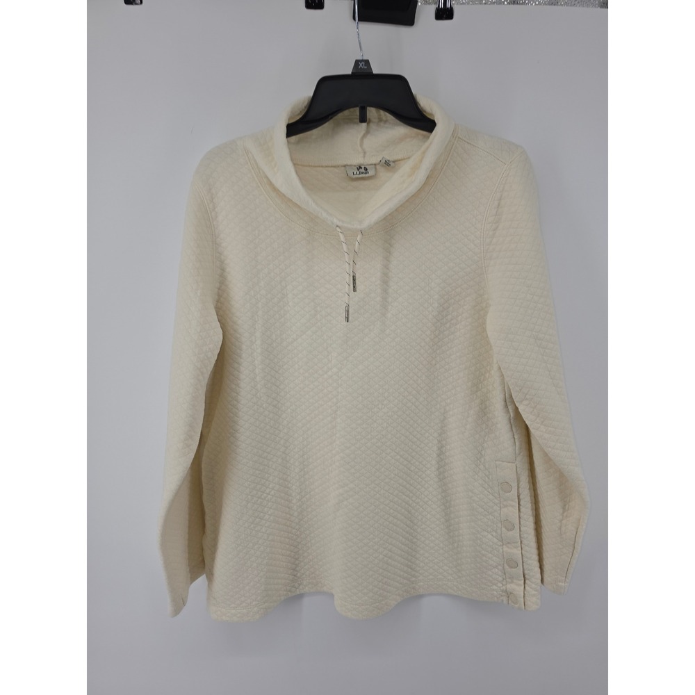 LL Bean Womens Ivory Quilted Funnel Neck Sweatshirt Side Snap Pullover Large Pet